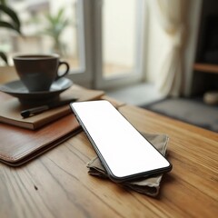 Realistic photo of smartphone with blank white screen lying on wooden desk beside coffee cup and notebook, natural window light, cozy modern atmosphere, ultra-realistic 8k, no text, no watermark, high