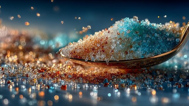 Sparkling crystals in a golden spoon create a mesmerizing visual, inviting a sense of wonder and luxury.
