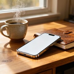 Realistic photo of smartphone with blank white screen lying on wooden desk beside coffee cup and notebook, natural window light, cozy modern atmosphere, ultra-realistic 8k, no text, no watermark, high