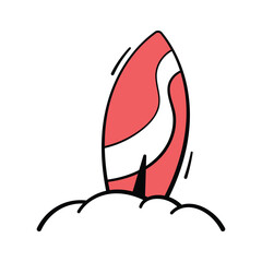 Surfboard icon in doodle style, water sports, summer adventure, and beach travel.