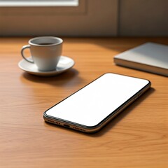 Realistic photo of smartphone with blank white screen lying on wooden desk beside coffee cup and notebook, natural window light, cozy modern atmosphere, ultra-realistic 8k, no text, no watermark, high
