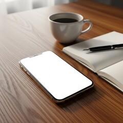 Realistic photo of smartphone with blank white screen lying on wooden desk beside coffee cup and notebook, natural window light, cozy modern atmosphere, ultra-realistic 8k, no text, no watermark, high