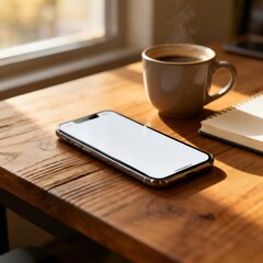 Realistic photo of smartphone with blank white screen lying on wooden desk beside coffee cup and notebook, natural window light, cozy modern atmosphere, ultra-realistic 8k, no text, no watermark, high