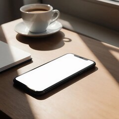 Realistic photo of smartphone with blank white screen lying on wooden desk beside coffee cup and notebook, natural window light, cozy modern atmosphere, ultra-realistic 8k, no text, no watermark, high