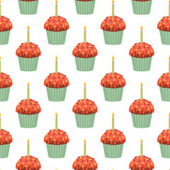 Seamless birthday pattern for packaging and wrapping paper. Chocolate cupcake with fruit icing, colorful sprinkles, and a lit candle on a white background. Vector illustration. Festive ornament.