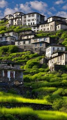 village with colorful rooftops contrasting lush green terraces under clear morning sky in Asia