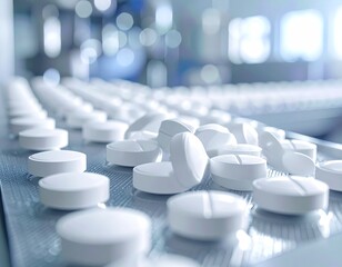 Macro close-up of white tablets and pills, pharmaceutical production backdrop, shallow depth of field, ultra-detailed texture, stainless steel blur in background, soft clinical lighting.
