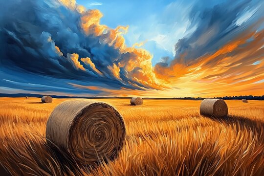 Serene Sunset Over Golden Fields with Hay Bales