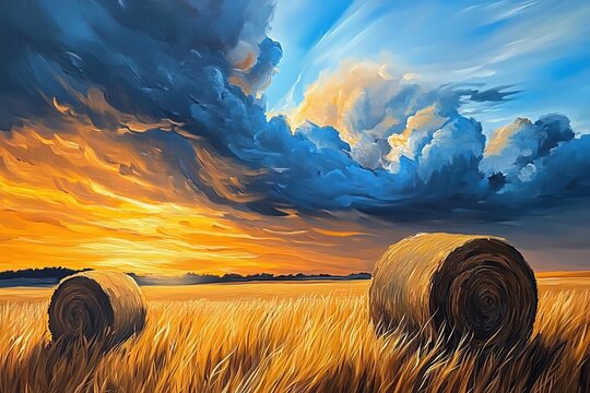 Serene Sunset Over Golden Fields with Hay Bales