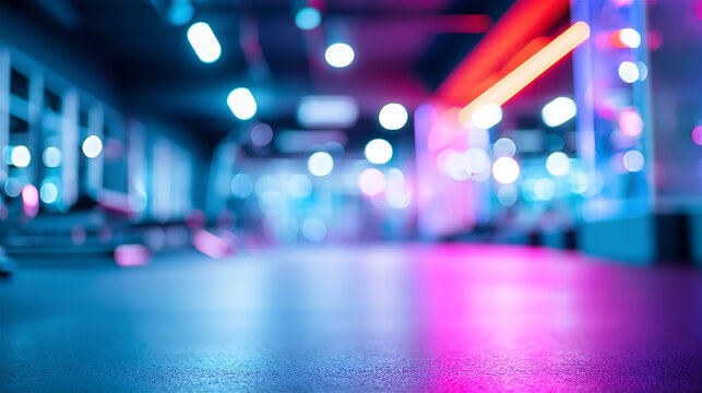 Abstract blurred gym interior background featuring vibrant neon light bokeh, casting blue and pink hues onto a textured surface, evoking a futuristic and energetic aesthetic