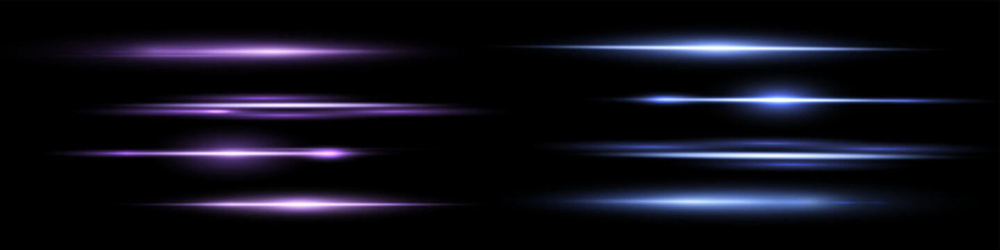 Purple and blue lens flares set. Sun flash with rays or spotlight and bokeh. Glow flare light effect. Isolated on black background.Vector illustration.