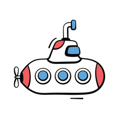 Deep sea exploration and marine transportation, submarine doodle icon