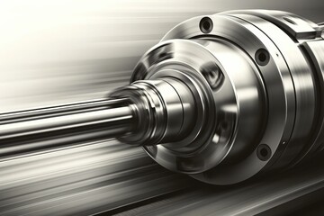 Fototapeta premium Close-up of a high-speed rotating stainless steel shaft, showing motion blur and a shiny metal surface, suitable for industrial product display