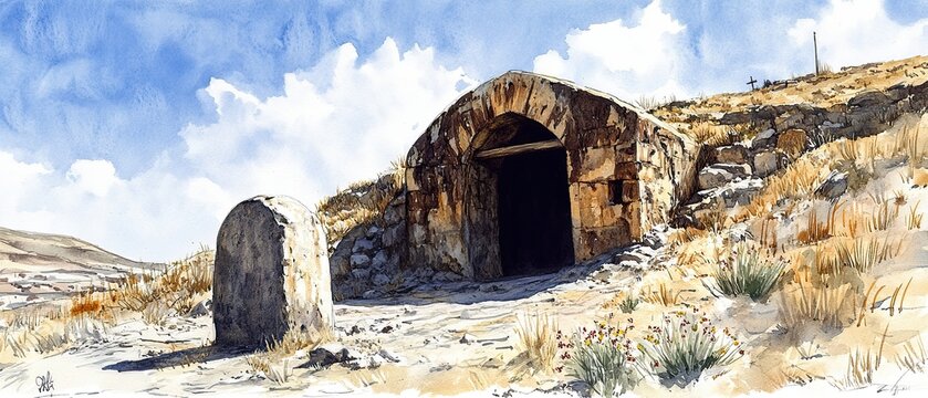 Ilustra&ccedil;&atilde;o em aquarela, arte religiosa, cart&atilde;o de P&aacute;scoa; o local da Ressurrei&ccedil;&atilde;o &eacute; tradicionalmente chamado de sepulcro ou t&uacute;mulo de Jesus, tamb&eacute;m conhecido como Santo Sepulcro.