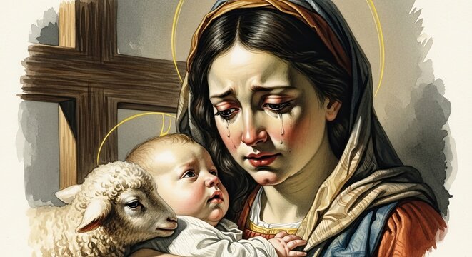 Arte religiosa: a Virgem Maria segura o rec&eacute;m-nascido Jesus Cristo e chora. Ao lado, um cordeiro com a cruz ao fundo. A consci&ecirc;ncia do destino do Filho e de seu sacrif&iacute;cio pela salva&ccedil;&atilde;o da humanidade.