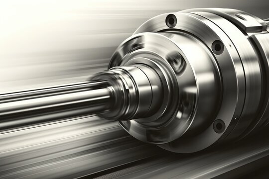 Close-up of a high-speed rotating stainless steel shaft, showing motion blur and a shiny metal surface, suitable for industrial product display