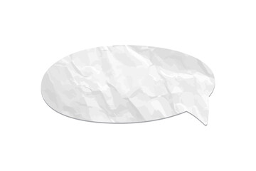Crumpled paper speech bubble. White wrinkled paper chat icon on transparent background. Realistic texture vector design element for messages, communication, or scrapbooking projects.