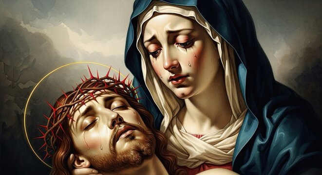 Arte religiosa gerada por IA: Maria segurando o Cristo crucificado &ndash; aquarela dram&aacute;tica para a Sexta-Feira Santa e a P&aacute;scoa.