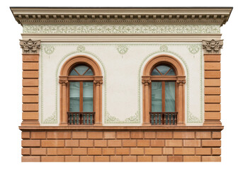 Isolated decorative facade of antique palace or mansion with arched windows and ornaments