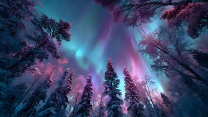 Aurora borealis lights the night sky with teal, purple, and pink ribbons over a snow-covered forest of tall pine trees. Concept Aurora Borealis, Night Sky Photography, Snowy Pine Forest