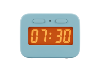 Isolated digital alarm clock showing 07 30 am time, home decorative gadget, indoor item