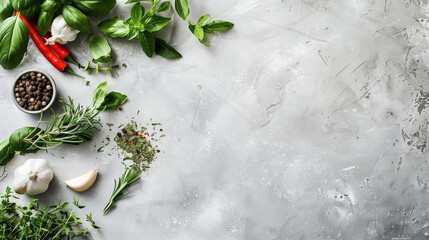 Various herbs on kitchen table. background with space for tex