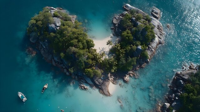 An aerial view of a small tropical island with lush trees, a white sandy beach, turquoise water, and two boats anchored offshore. Concept Aerial Island View, Tropical Beach Paradise