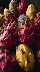 fruits like dragon fruit, mango, and rambutan stacked together in rainbow arrangement at market