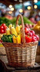 basket overflowing with colorful fresh produce like peppers, corn, and apples stacked together