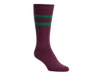 Isolated burgundy knee high sock with green stripes on a plain backdrop, full product shot