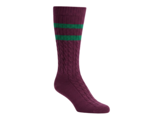 Isolated burgundy knee high sock with green stripes on a plain backdrop, full product shot