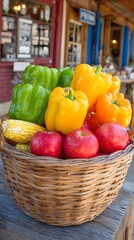 basket overflowing with colorful fresh produce like peppers, corn, and apples stacked together