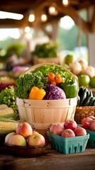 basket overflowing with colorful fresh produce like peppers, corn, and apples stacked together