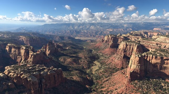 Vast, sun-drenched canyon vista unfolds with dramatic rock formations and distant mountains under a bright blue sky with puffy clouds. - Powered by Adobe