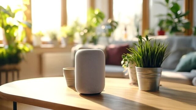 A modern smart speaker sits on a wooden table in a bright living room filled with lush green plants and natural light streaming through large windows, creating a cozy atmosphere