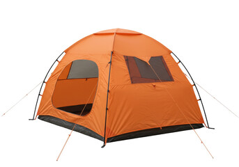 Isolated Orange camping tent pitched with guylines, ready for overnight hiking adventure outdoors © Johanna