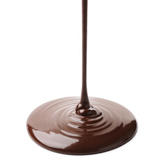 Pouring tasty melted chocolate on white background
