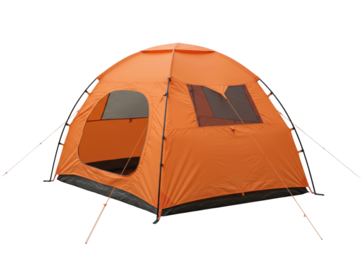 Isolated Orange camping tent pitched with guylines, ready for overnight hiking adventure outdoors