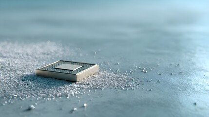 Microchip processor emerging from a granular material, representing advanced computing technology, artificial intelligence, data processing, and future innovation in electronics manufacturing