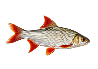 Fototapeta premium Small red fin fish aquatic animal isolated on black isolated on transparent background