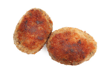 Two tasty meat patties isolated on white, top view