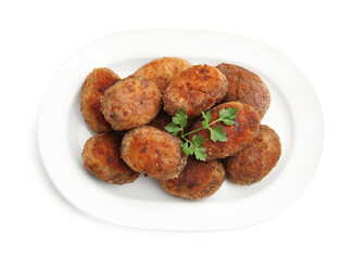 Tasty meat patties with parsley isolated on white, top view