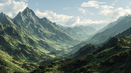 Fototapeta premium Majestic green mountain range vista bathed in soft, atmospheric light, evoking adventure and natural beauty.
