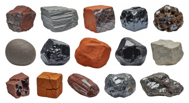 Assorted mineral specimens collection isolated on a transparent background