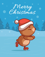 kawaii christmas bear skating on ice – cute winter holiday illustration
