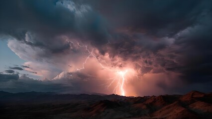 A dramatic desert landscape under a violent thunderstorm, with jagged lightning bolts illuminating orange-red clouds over rugged hills. Concept Dramatic desert landscape, Thunderstorm lightning