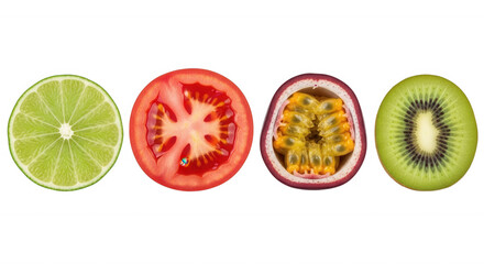 Sliced citrus tomato passion fruit kiwi isolated on a transparent background