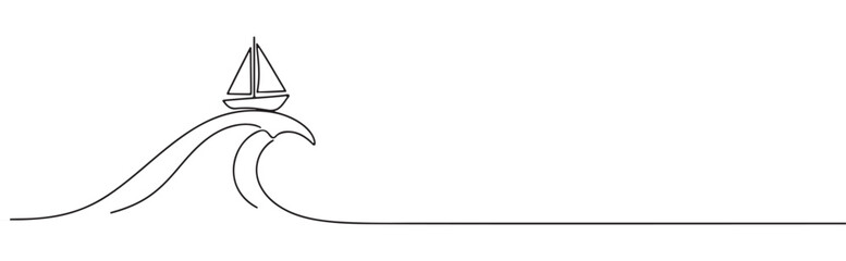 Continuous one-line drawing of a sailboat riding a wave, symbolizing adventure, freedom, and overcoming challenges in a minimalist marine style.