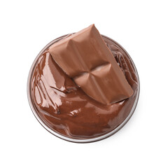 Bowl with melted chocolate and piece of bar isolated on white, top view