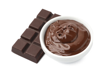 Bowl with melted chocolate and bar isolated on white